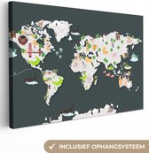 Canvas Wereldkaart - 30x20 - Wanddecoratie Wereldkaart - Kinderen - Dieren
