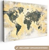 Canvas Wereldkaart - 90x60 - Wanddecoratie Wereldkaart - Goud - Krant