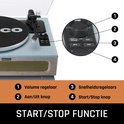 Detail van Lenco platenspeler met bedieningsknoppen voor volume, aan/uit, en snelheden 33/45 toeren. De tekst is "Start/Stop Functie".