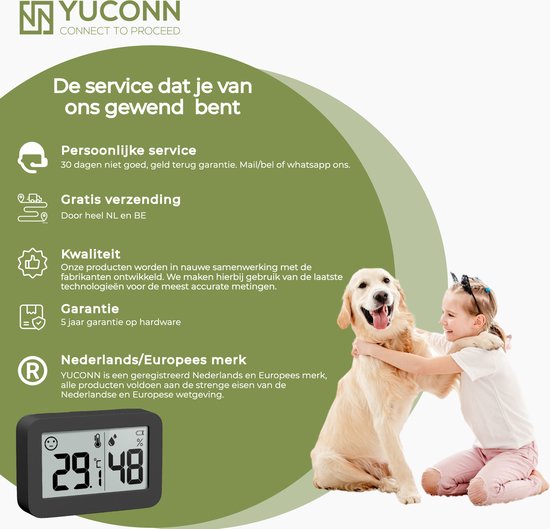 YUCONN Hygrometer - Weerstation - Thermometer Binnen - Digitaal Thermometer En Luchtvochtigheidsmeter - Inclusief Batterij en Plakstrip - Zwart