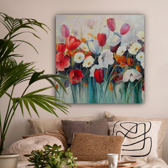Toile - Peinture - Huile - Fleurs - Nature - 90x90 cm - Décoration - Intérieur