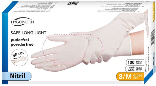 Gants en nitrile Hygonorm - 30 cm de long - blancs - 100 pièces - taille S