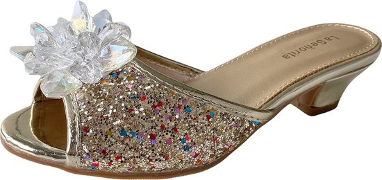 Prinsessen slipper schoenen goud glitter met hakje maat 27 - binnenmaat 17,5 cm - bij Elsa jurk - verkleedschoenen - pumps- hakken schoenen -