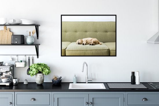 Affiche avec cadre Chiens - Chiot endormi sur le canapé - cadre photo noir - 80x60 cm - Affiche avec cadre