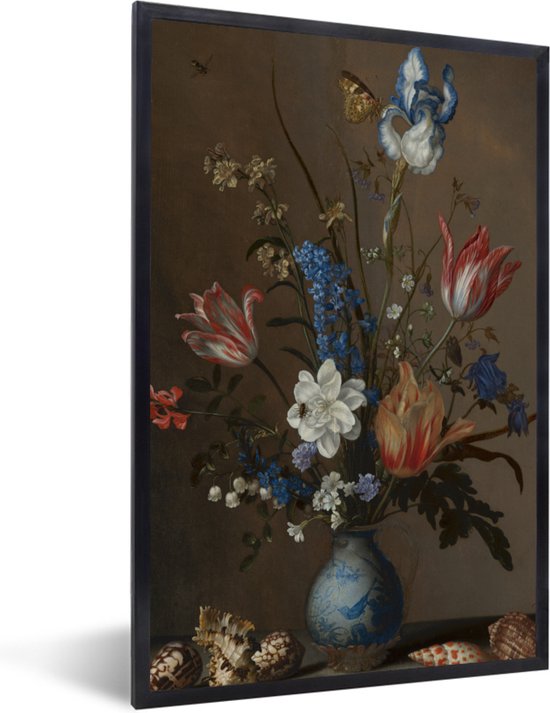 Fotolijst incl. Poster - Bloemen in een Wan-Li vaas en schelpen - Schilderij van Balthasar van der Ast - 20x30 cm - Posterlijst