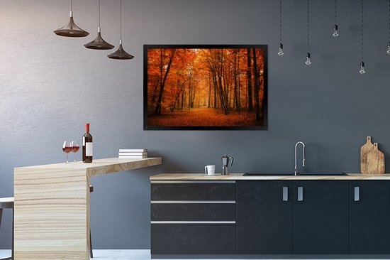 Image encadrée - Forêt d'automne de conte de fées avec cadre photo couleurs rouges noir sans passe-partout 90x60 cm - Affiche encadrée (Décoration murale salon / chambre)