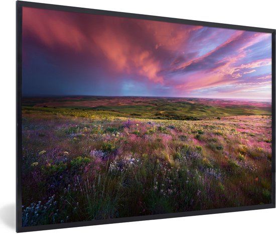 Coucher de soleil sur une prairie fleurie 90x60 cm
