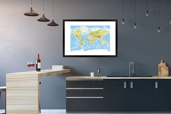 Cadre photo carte du monde politique noir avec monture blanche 60x90