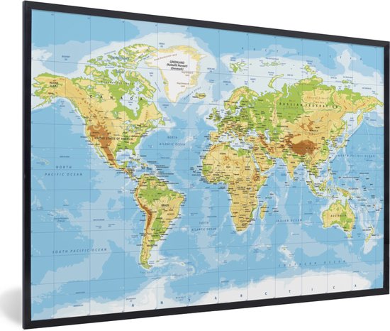 Poster in lijst - Fotolijst 120x80 cm - Posters - Wereldkaart - Staatkundig - Blauw - Aarde - Educatief - Posterlijst zwart - Decoratie - Wanddecoratie woonkamer - Muurdecoratie slaapkamer