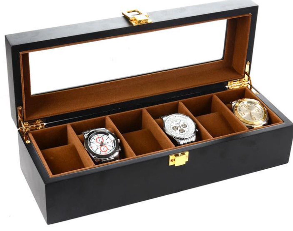 Fedec Horlogedoos - Voor verzamelaars - Opbergen - Hout - Zwart - Bruin - 6 compartimenten