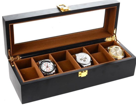 Fedec Horlogedoos - Voor verzamelaars - Opbergen - Hout - Zwart / Bruin - 6 compartimenten