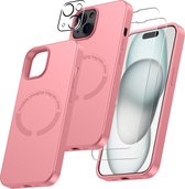 Hoesje Geschikt voor iPhone 15 Plus Silicone backcover met Magnetisch Ring incl 2x gehard glazen screenprotector & 1x cameraLens protector – Licht Roze
