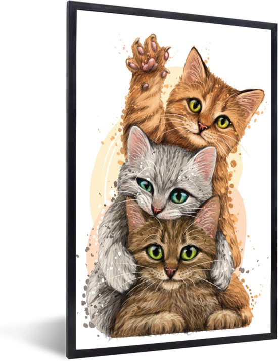 PosterMonkey - Poster - Fotolijst - Kittens - Katten - Dieren - Tekening - Kader - Foto in lijst - 40x60 cm - Poster frame - Poster kat - Foto met lijst - Kamerdecoratie