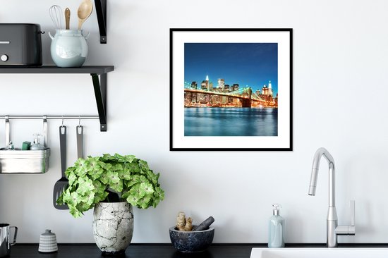 Poster - Fotolijst - New York - Brug - Brooklyn - Water - Architectuur - Licht - Woonkamer - Kader - 40x40 cm - Kamer decoratie - Poster met lijst - Poster kader - Woondecoratie - Decoratie woonkamer