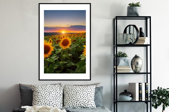 Fotolijst incl. Poster - Bloemen - Nacht - Zonsondergang - Zonnebloem - Horizon - 80x120 cm - Posterlijst