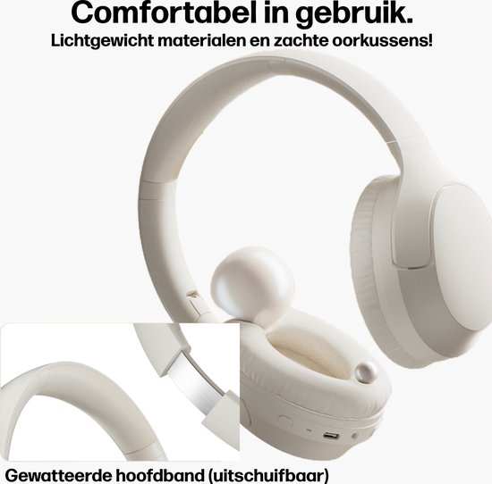 Close-up van een beige, lichtgewicht koptelefoon met zachte, gewatteerde hoofdband.