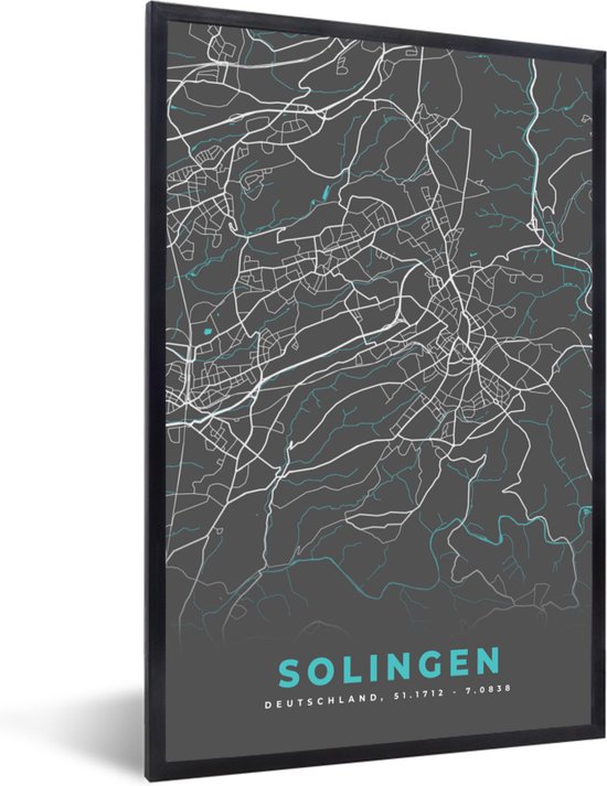 Fotolijst incl. Poster - Plattegrond – Solingen – Blauw – Stadskaart ...