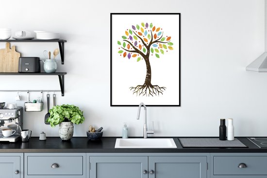 Photo encadrée - Cadre photo petit arbre coloré illustré noir avec passe-partout blanc 60x80 cm - Affiche encadrée (Décoration murale salon / chambre)
