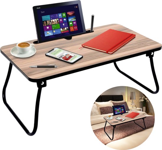 Table de lit robuste Cheqo® - Bureau pliable - Table de canapé - Table de lit - Support pour ordinateur portable - Petit-déjeuner au lit - MDF