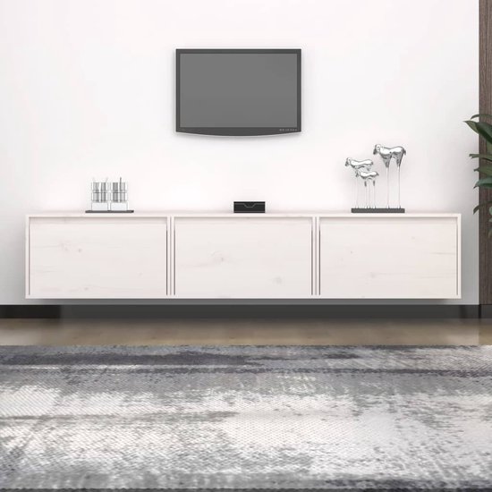 The Living Store TV-meubel Wit Massief Grenenhout - 60 x 30 x 35 cm - Set van 3