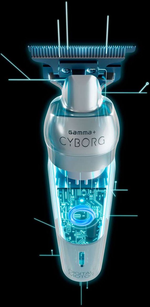 Gamma+ Cyborg Trimmer Professioneel met digitale motor, Kracht en precisie ingesloten in een metalen behuizing.