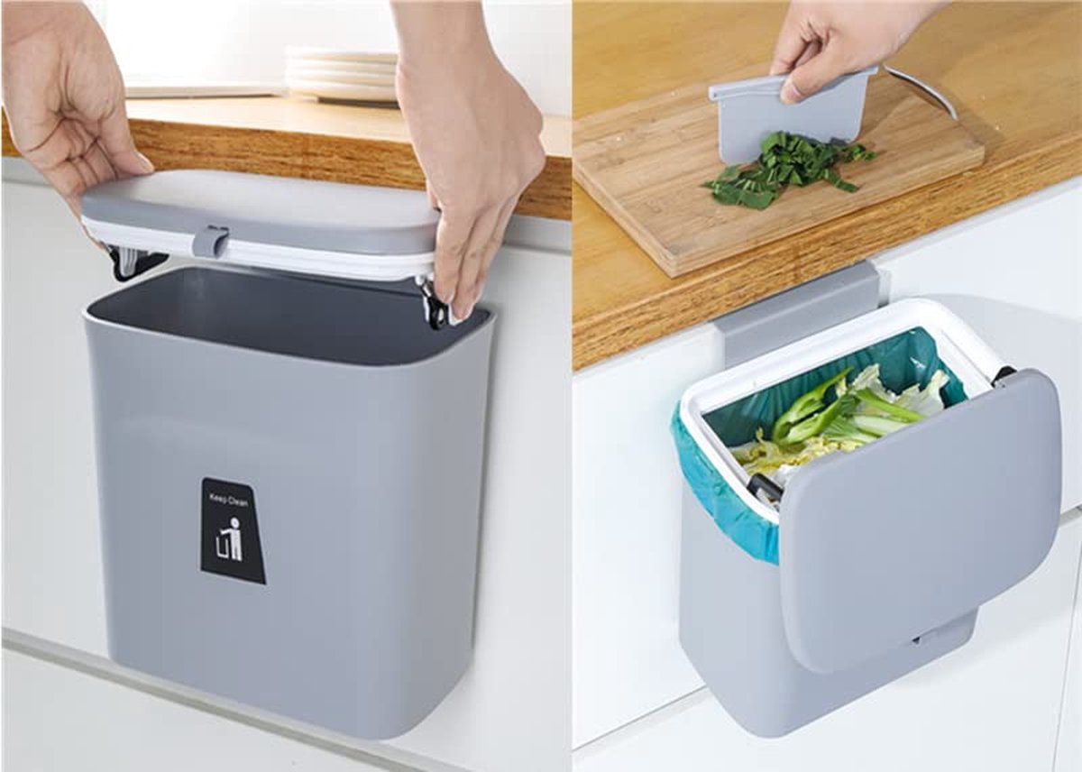 Compostbak voor keuken -2,4 gallons/9L prullenbak voor onder gootsteen, hangende kleine prullenbak met deksel voor badkamer/slaapkamer, compostemmer binnenshuis (grijs)