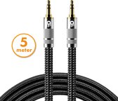 Premium AUX Kabel 3.5 mm - Nylon Audio Kabel - Gold Plated - Male to Male - Zilver - 5 meter