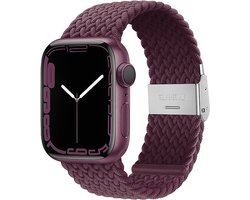 Stravo Gevlochten Nylon Bandje - Geschikt voor Apple Watch 46mm (Series 10/11), 45mm (Series 7/8/9), 44mm (Series 4/5/6, SE 1/2/3), 49mm (Ultra 1/2/3) - Verstelbaar elastisch Apple Watch bandje met gesp - Wijnrood