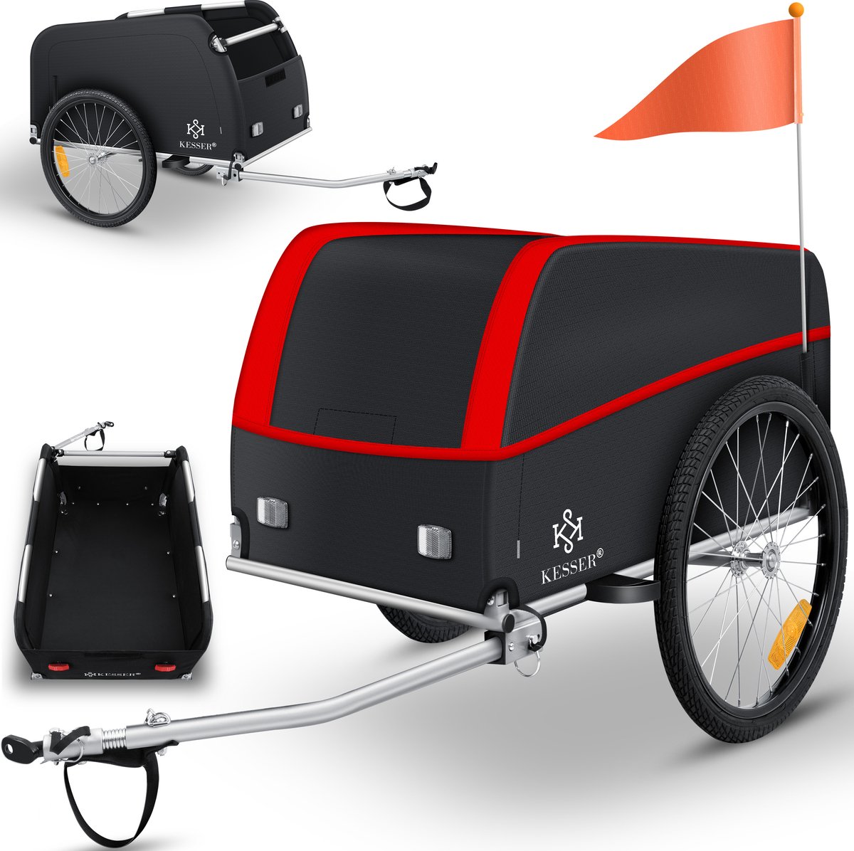 KESSER® Fietskar Fietsaanhanger met koppeling Bagagefietskar, Incl. afdekking Inklapfunctie Hoge dissel Aanbouwdelen Aanhangwagen voor fiets Transportbox met 120 Liter Max. 40 kg - Rood / Antraciet