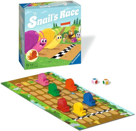 Snail's Race bordspel met spelbord, roze, groene, rode, oranje en blauwe slakkenpionnen, en dobbelstenen.