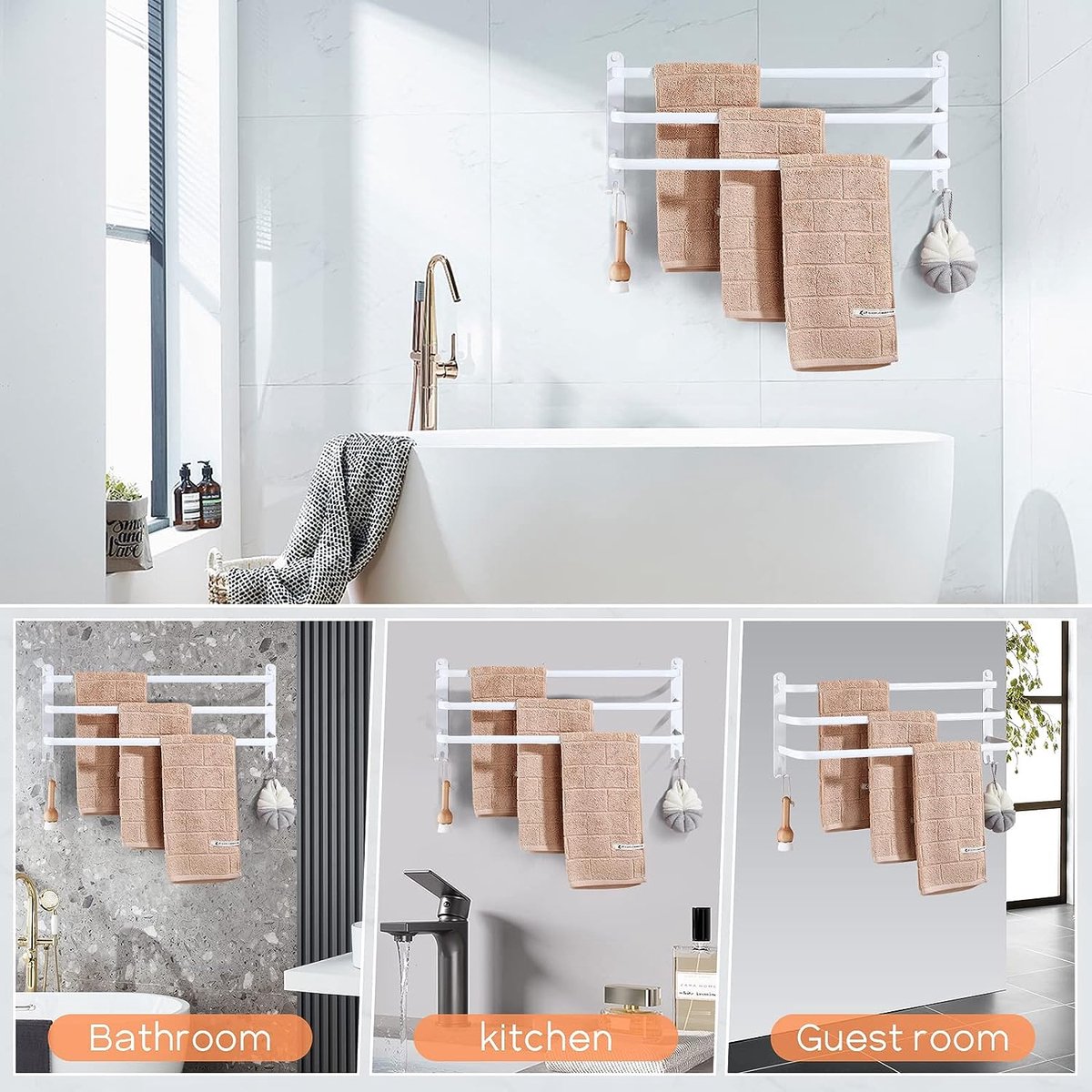 Porte Serviettes Salle de Bains Noir Porte-Serviettes Mural à 3 Niveaux  sans Perçage Porte-Serviettes Auto-adhésif en Aluminium Étanche Barres Porte  avec Crochet pour Douche et Cuisine 60CM : : Bricolage