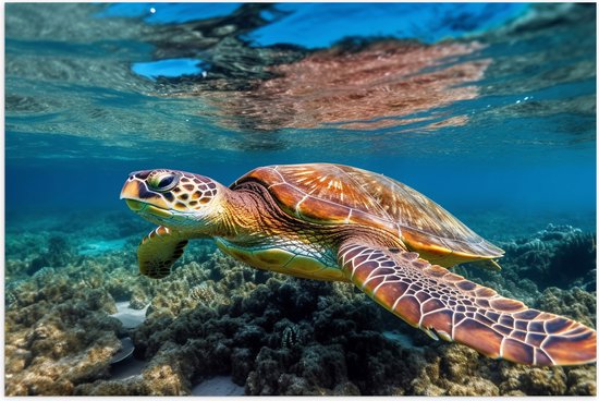 Poster Glanzend – Schildpad zwemt door de zee heen met onderwater planten - 75x50 cm Foto op Posterpapier met Glanzende Afwerking
