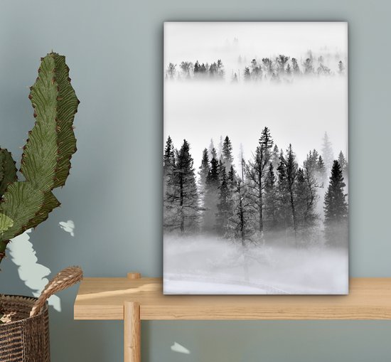 Peinture sur toile - Arbres - Brouillard - Forêt - Nature - Canvasdoek - 20x30 cm - Photo sur toile - Peinture nature
