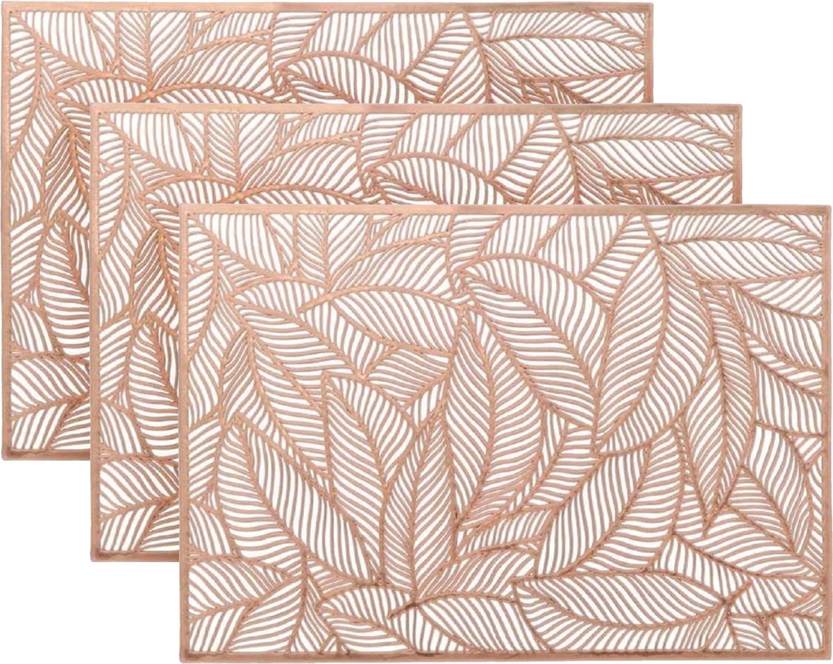 Unique Living Placemat Nissa - 6x - brons bladmotief - 30 x 45 cm - tafeldecoratie