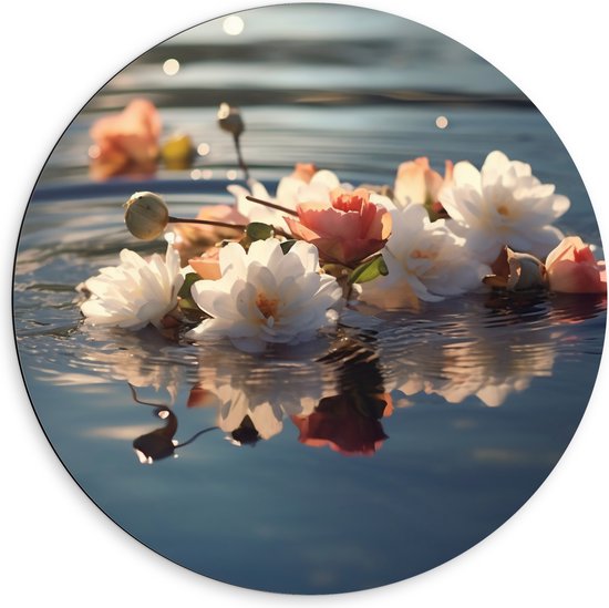 Dibond Muurcirkel - Camellia Bloemen en Knoppen op het Water - 60x60 cm Foto op Aluminium Muurcirkel (met ophangsysteem)