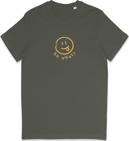 Grappig Heren Dames T Shirt So What? Nou En? - Minimalistische Smiley Print - Khaki Groen - 3XL