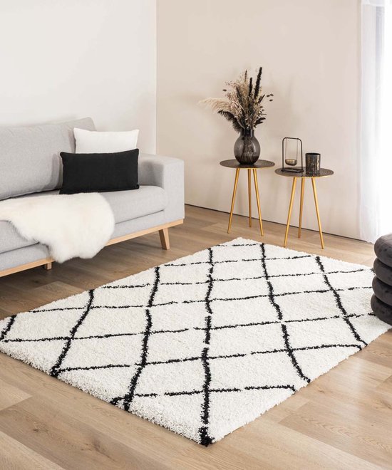 Hoogpolig vloerkleed ruiten Artisan - wit/zwart 100x200 cm