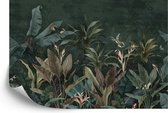 Fotobehang Wallpaper Palm Tropical Forest Vintage Jungle Pattern With Birds Dark Mood