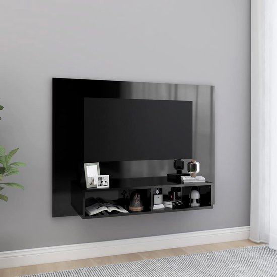 Meuble TV Mural The Living Store - Noir Haute Brillance - 120 x 23,5 x 90 cm - Assemblage requis