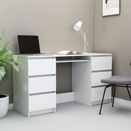 The Living Store Table d'écriture Bureau d'ordinateur - 140 x 50 x 77 cm - blanc - bois fini - 6 tiroirs