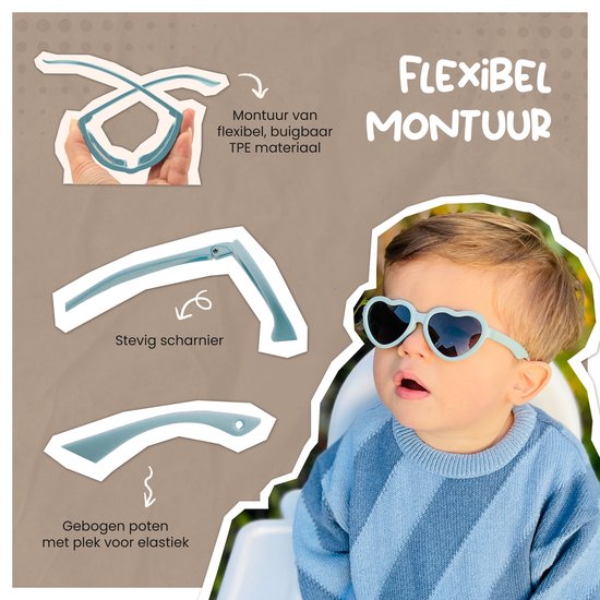Maesy - baby zonnebril Maes - 0-2 jaar - flexibel buigbaar - verstelbaar elastiek - gepolariseerde UV400 bescherming - jongens en meisjes - hartvormige babyzonnebril - licht blauw van Maesy — afbeelding 4