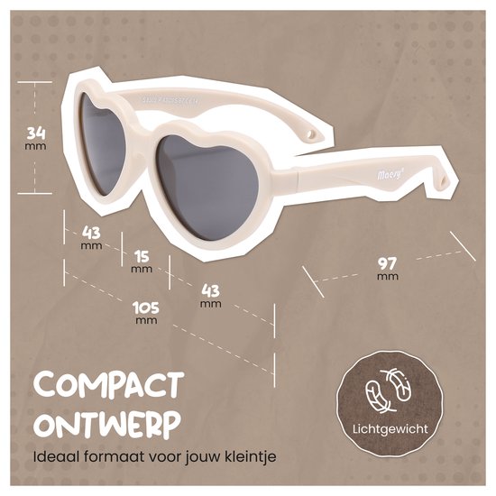 Beige ecru hartvormige kinderzonnebril van Maesy, met de tekst "COMPACT ONTWERP" en "Lichtgewicht".