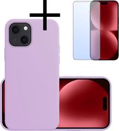 Hoes Geschikt voor iPhone 15 Hoesje Cover Siliconen Back Case Hoes Met Screenprotector - Lila