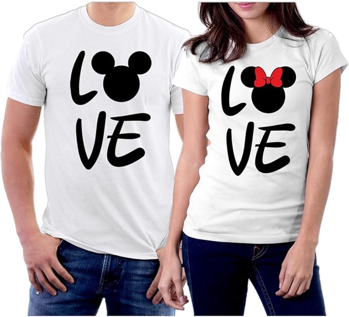 PicOnTshirt - Teetalks Series - T-Shirt Dames - T-Shirt Heren - T-Shirt Met Print - Couple T-Shirt Met Love Print - 2 Pack - Wit - Heren L/Dames XL