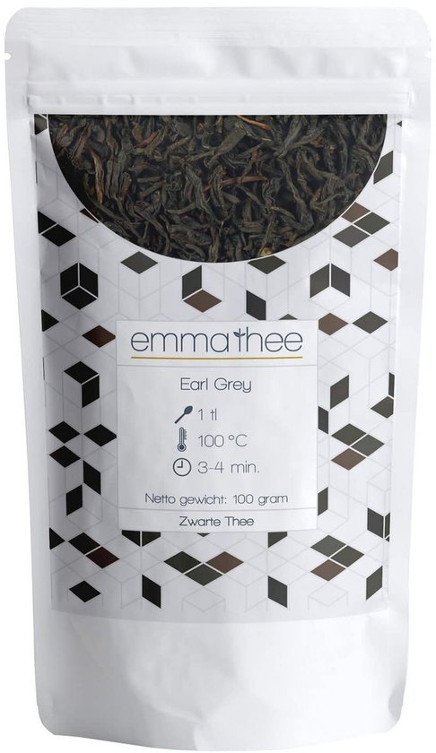 Witte verpakking van Emma Thee met 'Earl Grey' erop. Bevat losse zwarte thee.