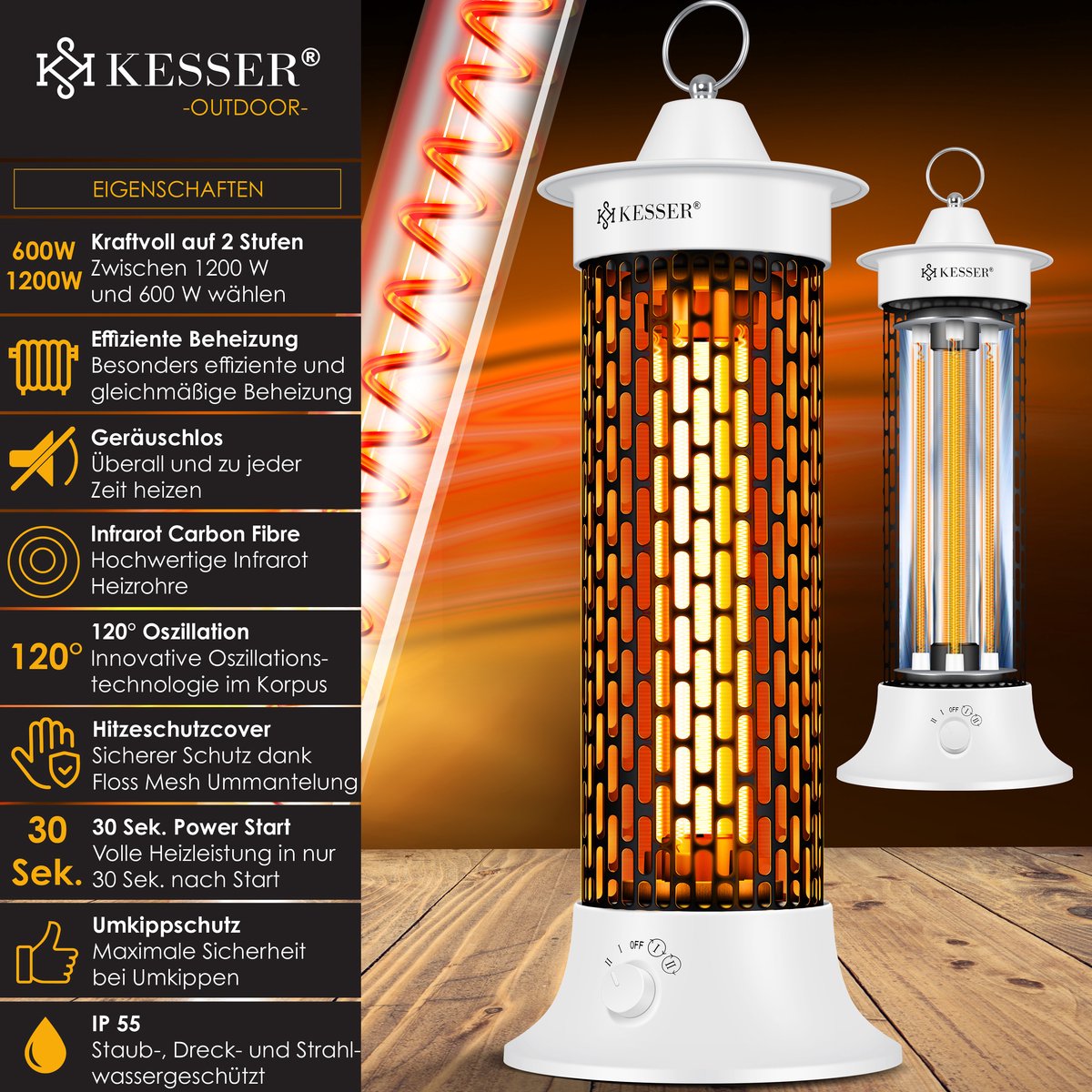 KESSER® Elektrische Kachel 1200W Terrasverwarmer Energiezuinig Infrarood Verwarming Staand Heater IP55 Verwarmer - Wit – foto 4