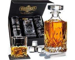 Whisiskey Whiskey Karaf - Klassiek - Whiskey Glazen - Luxe Whiskey Karaf Set - 0,7 L – Decanteer Set - Whisky Set - Incl. 4 Tumbler Glazen, 4 RVS Whiskey Stones - Peaky Blinders
