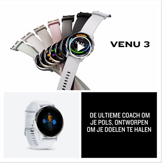 Collage met Garmin Venu 3 smartwatches in verschillende kleuren en een witte smartwatch die een oefening toont.