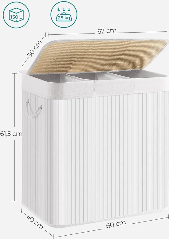 Wasmand met 3 Vakken - Opvouwbaar en Wasbaar - Laundry Basket - Wassorteerder Met Deksel - 150L.