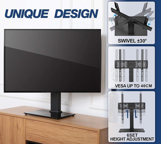 FITUEYES Universele tv-standaard voor tv's van 27 tot 55 inch, witte tv- standaard met 8 mm gehard glazen basis, in hoogte verstelbaar, houdt 40 kg, eenvoudige montage